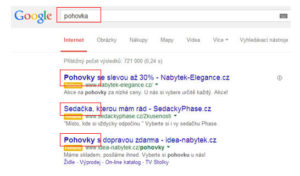 Příklad PPC reklamy ve vyhledávání - inzeráty zobrazené na výraz pohovka