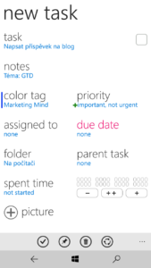 Zadání úkolu v aplikaci TopTask List je opravdu jednoduché. Aplikace je s GTD plně kompatibilní.