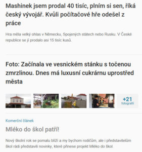 Ukázka komerčního článku, který je zakomponován mezi standardní obsah webu